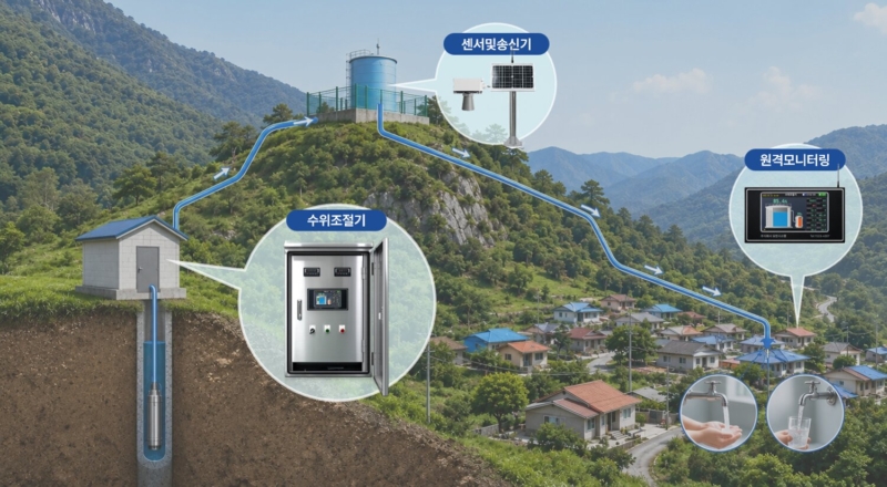 스마트 물관리 시스템 구성도 — 관정·수위조절기·물탱크·원격 모니터링